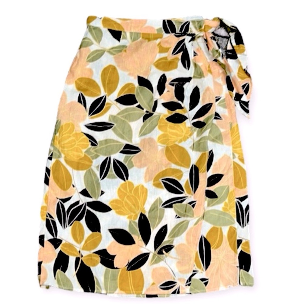 Rachel Zoe 100% Linen Floral Leaf Print Faux Wrap Midi Skirt M